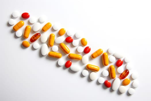 Assorted pharmaceutical pills arranged in an arrow pointing right