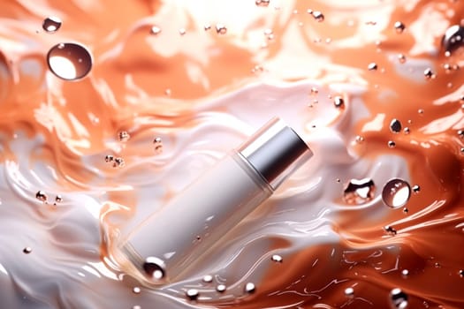 High-end cosmetic serum bottle amidst a dynamic, swirling liquid splash