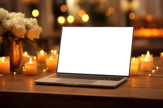 A laptop mockup is placed among gift boxes paper bags diyas. Generative AI.