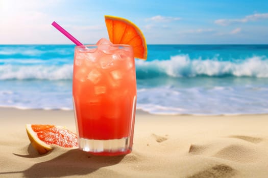 Refreshing orange cocktail served on a sandy beach with a backdrop of turquoise waves