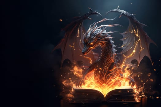 Fantastical image of a dragon rising from pages of a glowing book background with copy space
