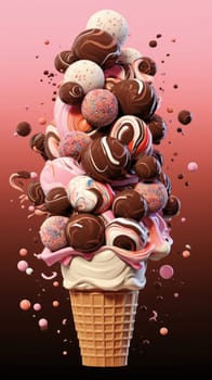 A towering ice cream cone with assorted chocolate treats, against a pink backdrop