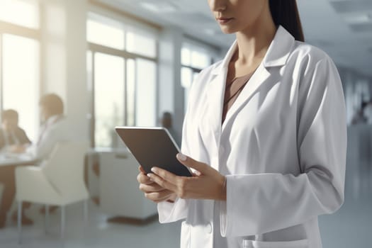 Female doctor in white medical scrub holding tablet in hand. Generative AI.