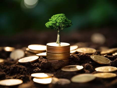 A miniature tree growing on stacked coins symbolizing financial growth
