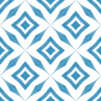 Ikat repeating swimwear design. Blue symmetrical kaleidoscope background. Textile ready delicate print, swimwear fabric, wallpaper, wrapping. Summer ikat sweamwear pattern.