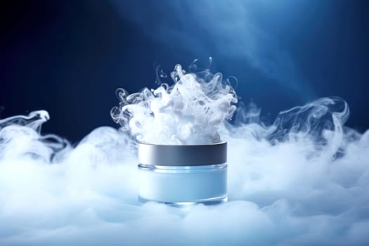A cosmetic jar amidst swirling smoke on a dark blue background
