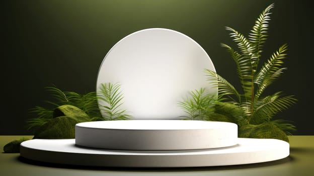 Minimalistic white podium with lush green plants in a spotlight