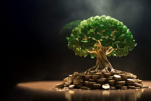 Green glass coins forming a tree on a mound of gold coins against a dark backdrop