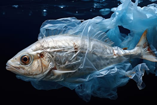 Fish entangled in transparent plastic highlighting ocean pollution