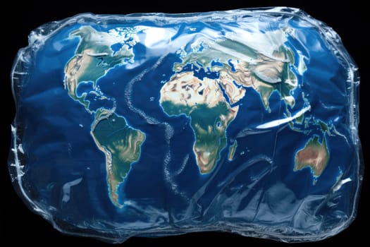 Earth's continents depicted atop a crumpled plastic sheet, symbolizing pollution