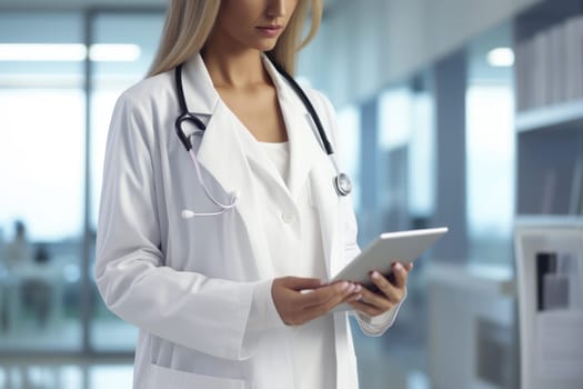 Female doctor in white medical scrub holding tablet in hand. Generative AI.