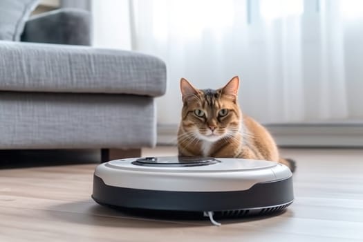 Cat sits on top of a robot vacuum cleaner, cleaning up scraps on the living room floor. Generative AI.