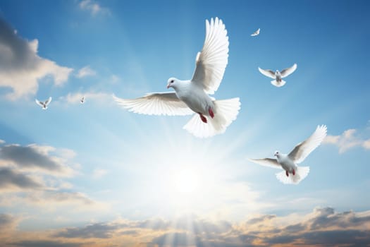 Light sky with white doves as a symbol of peace without war. Generative AI.