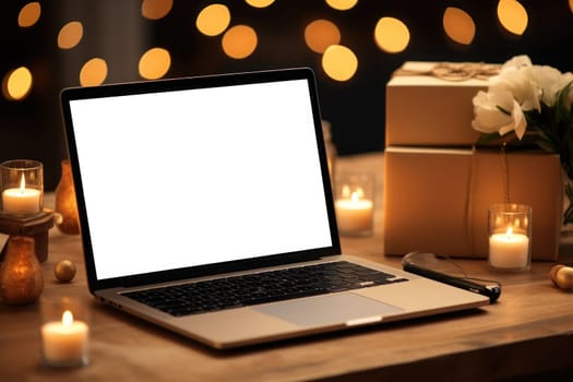 A laptop mockup is placed among gift boxes paper bags diyas. Generative AI.