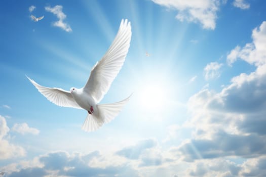 Light sky with white doves as a symbol of peace without war. Generative AI.