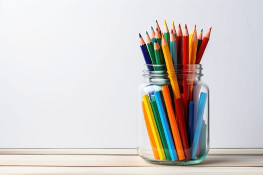 A Jar filled to the brim with colorful and diverse school supplies minimalist. Generative AI.