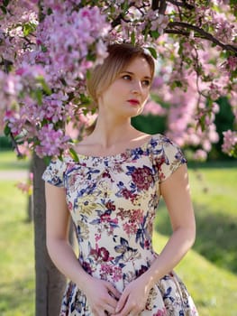 Young beautiful blonde woman in blooming garden. Bride.