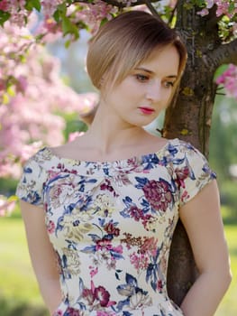 Young beautiful blonde woman in blooming garden. Bride.