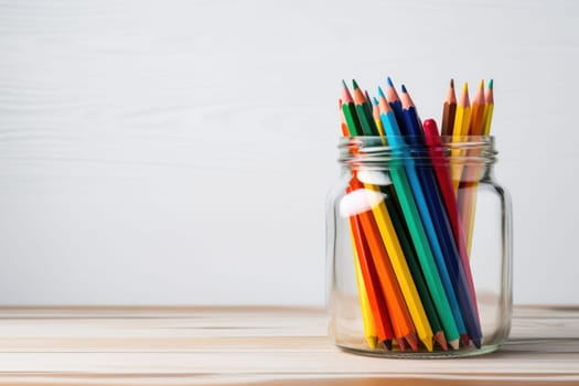 A Jar filled to the brim with colorful and diverse school supplies minimalist. Generative AI.