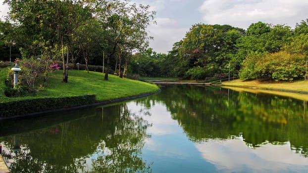 Lake view of Lumpini Park in the Thai capital's city center Bangkok, Thailand. Lumpini Park