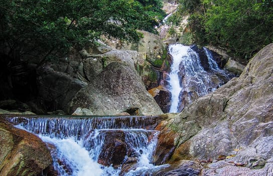 Motion Blur Waterfalls Peaceful Nature Landscape in Blue Ridge Mountains with lush green trees, rocks and flowing water