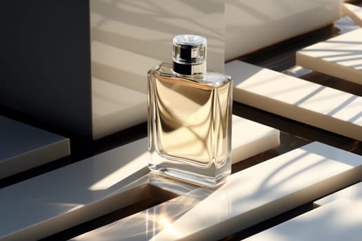 Perfume bottle minimalist plane geometric composition focus on bottle. Generative AI.