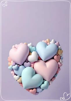 Valentine's Day background with hearts .Pastel colors.Valentine's day greeting card with heart.Minimal Valentine's Day concept. 3D rendering.Valentine's Day greeting card with hearts in pastel colors.Minimal love concept.Computer digital drawing.