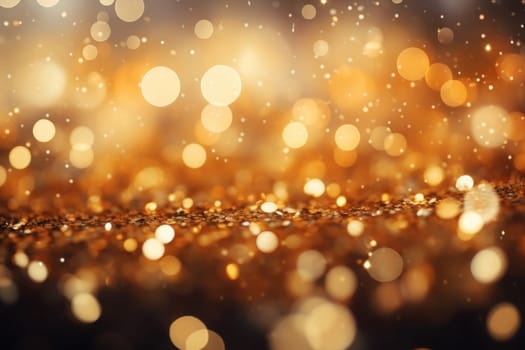 Glitter gold blurred bokeh lights background. Generative AI.