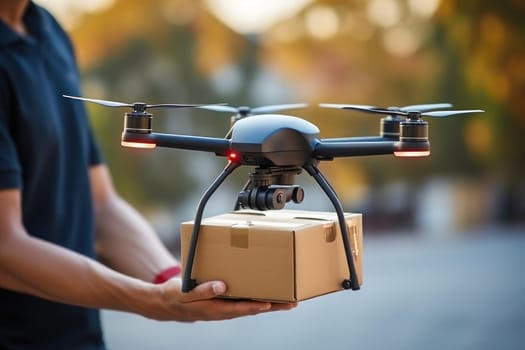 The drone is hoisting a package and shuttles through urban neighborhoods for delivery. Generative AI.