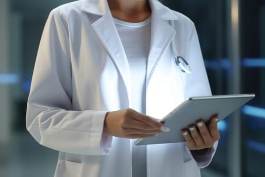 Female doctor in white medical scrub holding tablet in hand. Generative AI.