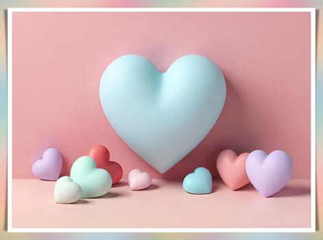 Valentine's Day background with hearts .Pastel colors.Valentine's day greeting card with heart.Minimal Valentine's Day concept. 3D rendering.Valentine's Day greeting card with hearts in pastel colors.Minimal love concept.Computer digital drawing.