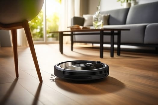 A robot vacuum cleaner is cleaning the living room floor. Generative AI.