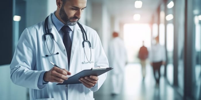 Male doctor in uniform making notes on clipboard with copy space. Generative AI.