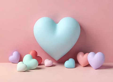 Valentine's Day background with hearts .Pastel colors.Valentine's day greeting card with heart.Minimal Valentine's Day concept. 3D rendering.Valentine's Day greeting card with hearts in pastel colors.Minimal love concept.Computer digital drawing.