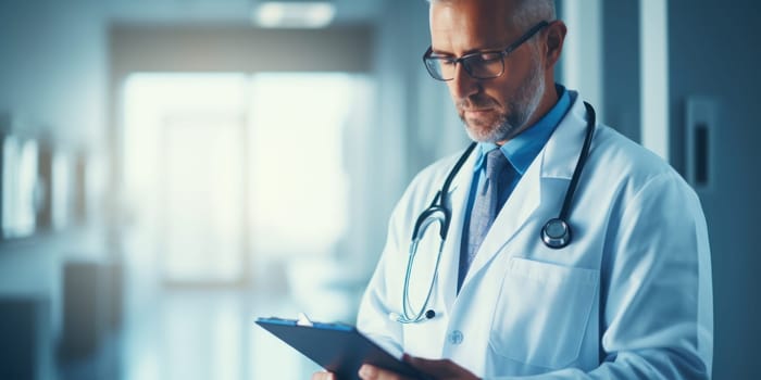 Male doctor in uniform making notes on clipboard with copy space. Generative AI.
