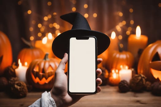 Hand holding smartphone blank white screen on the background of hallaween. Generative AI.