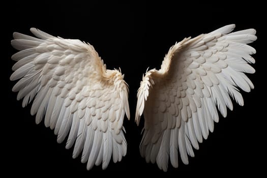 Large beautiful white ethereal angel wings against a black background. Generative AI.