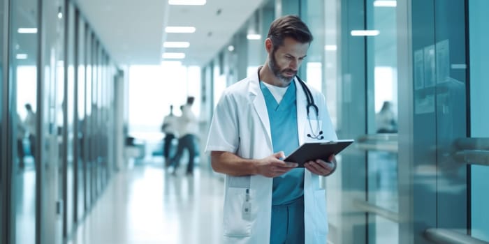 Male doctor in uniform making notes on clipboard with copy space. Generative AI.