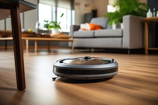 A robot vacuum cleaner is cleaning the living room floor. Generative AI.