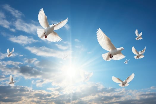 Light sky with white doves as a symbol of peace without war. Generative AI.