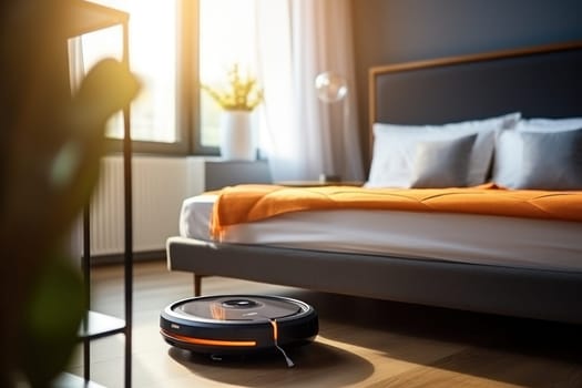 A robot vacuum cleaner is cleaning the bed room floor. Generative AI.
