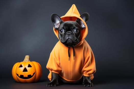 French bulldog on pumpkin costume, solid background, Halloween. Generative AI.