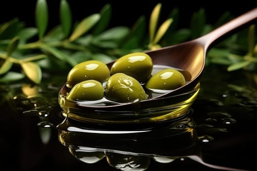 Olives on a spoon on a green background with oil and olive leaves. Generative AI.