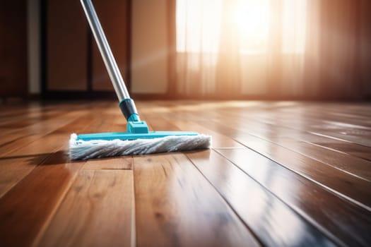 Floor cleaning with mob and cleanser foam. Cleaning tools on parquet floor. Generative AI.