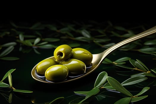 Olives on a spoon on a green background with oil and olive leaves. Generative AI.