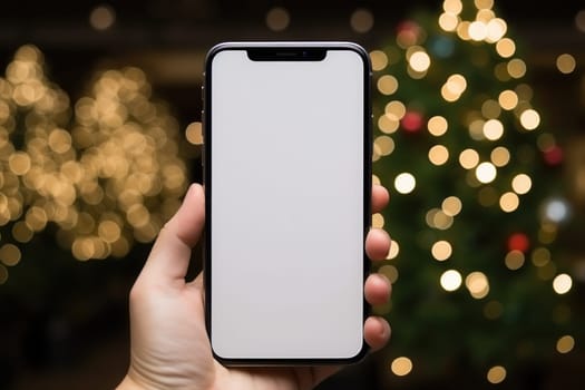 Hand holding smartphone blank white screen on the background of christmas. Generative AI.