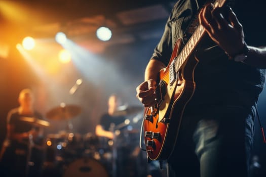 Music band group perform on a concert stage.Guitarist on stage for background. Generative AI.