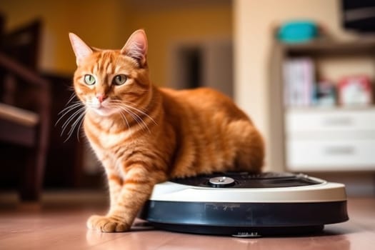 Cat sits on top of a robot vacuum cleaner, cleaning up scraps on the living room floor. Generative AI.