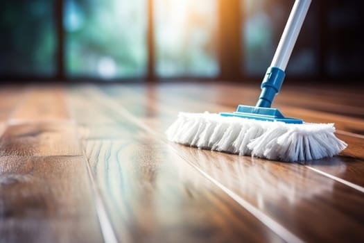 Floor cleaning with mob and cleanser foam. Cleaning tools on parquet floor. Generative AI.
