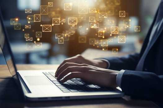 Freelancer's hand using computer laptop and sending online message with email icon. Generative AI.